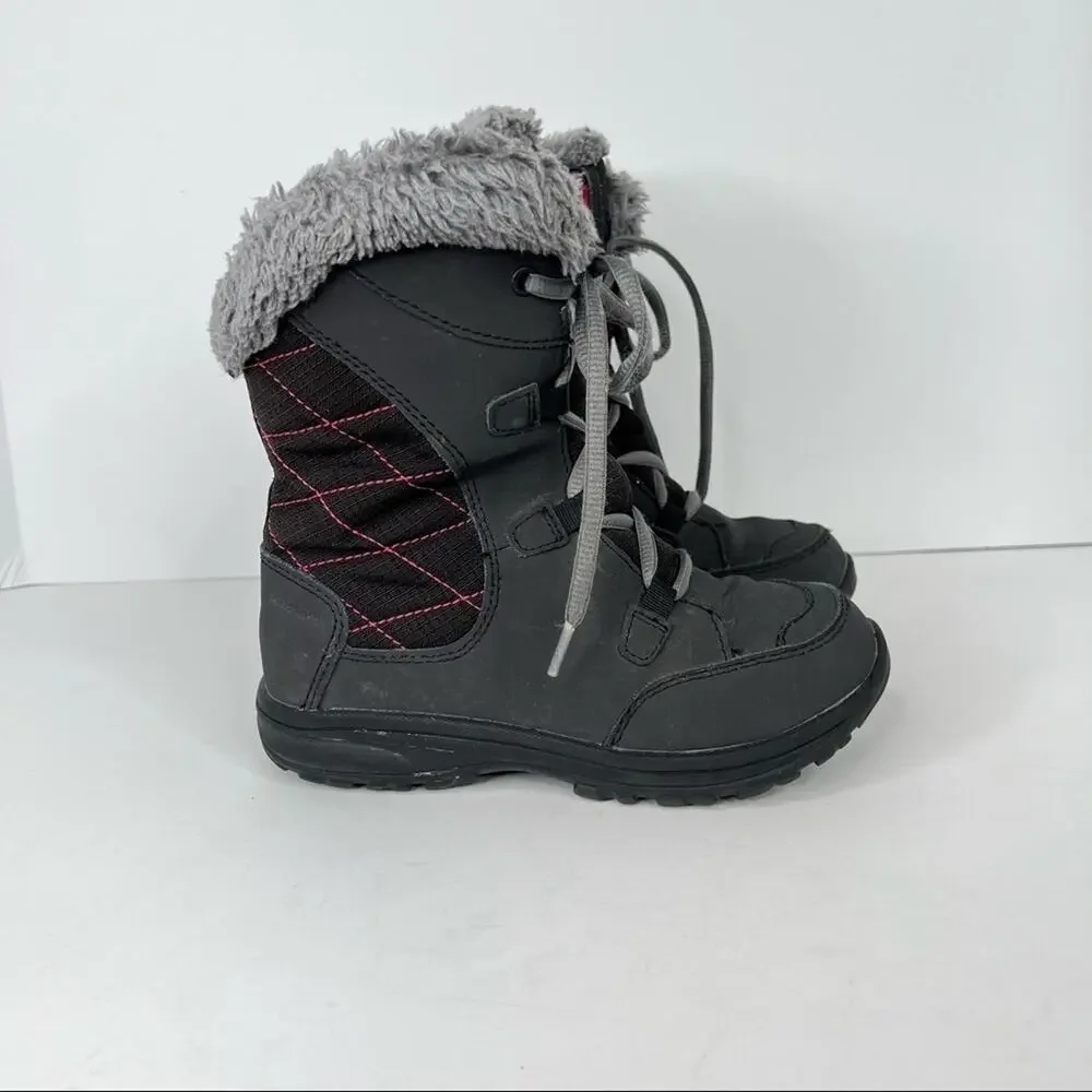 Columbia charcoal gray pink faux fur trim winter lace up ankle snow boots size 1
